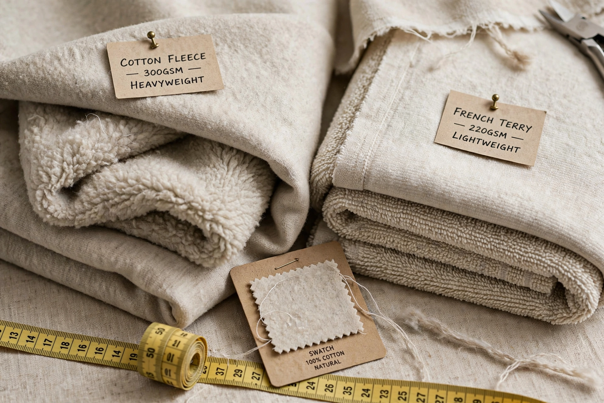 Hoodie fabric swatches showing different GSM weights
