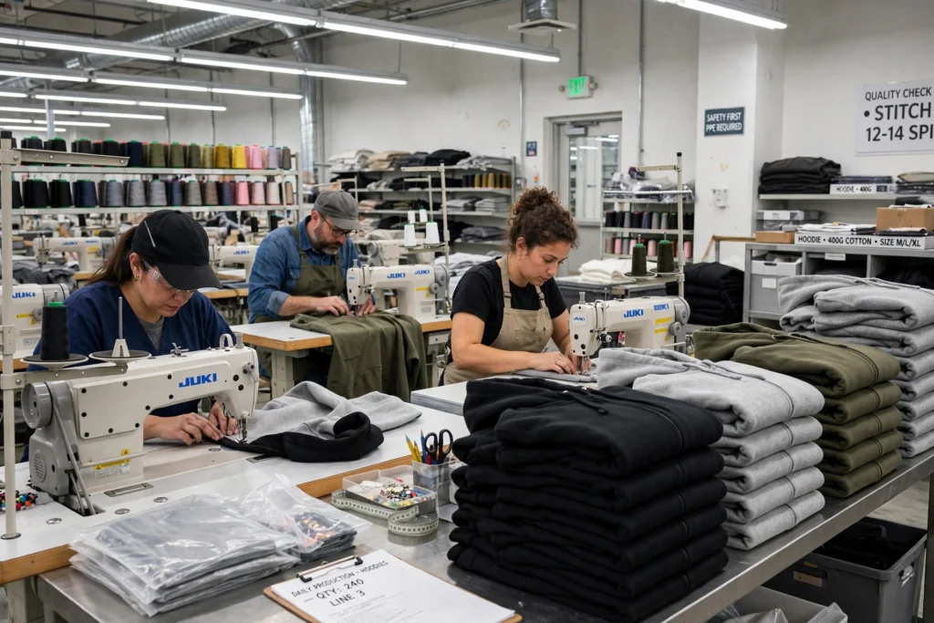 Sewing team making custom hoodies in a factory