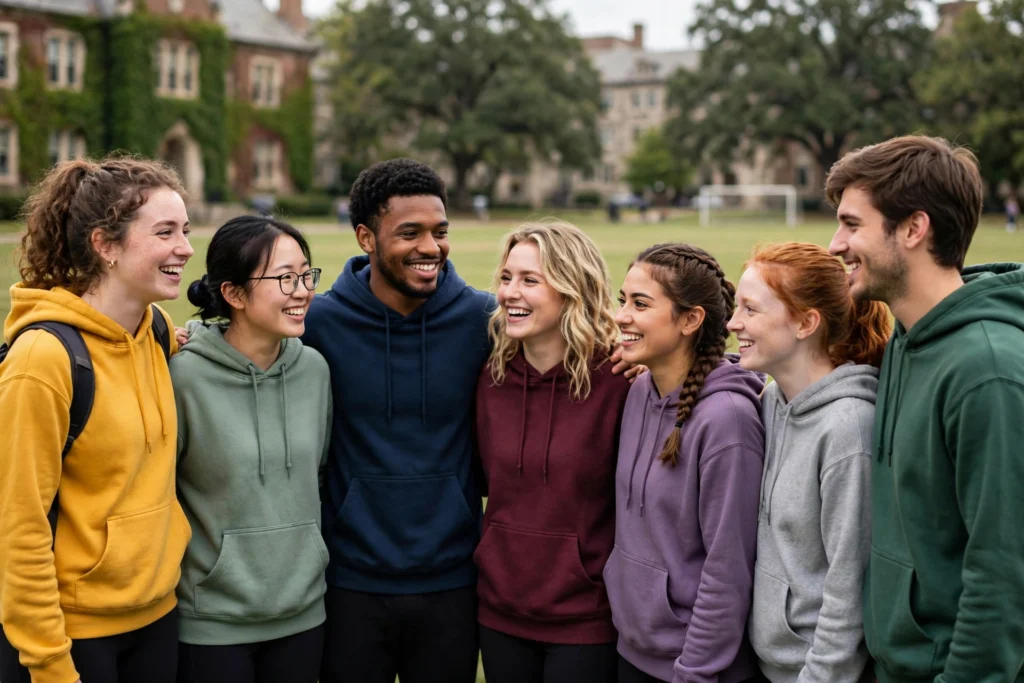 University students wearing custom hoodies on campus