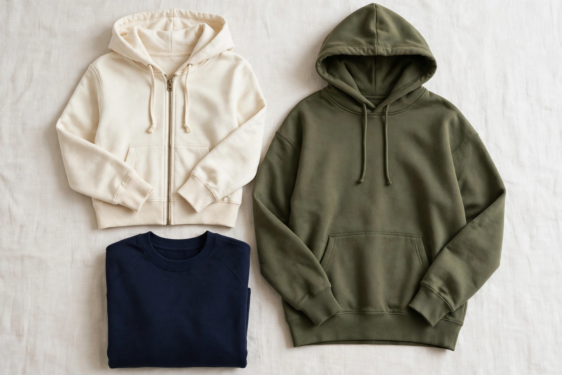 Flat lay of custom hoodie styles in cream, olive, and navy